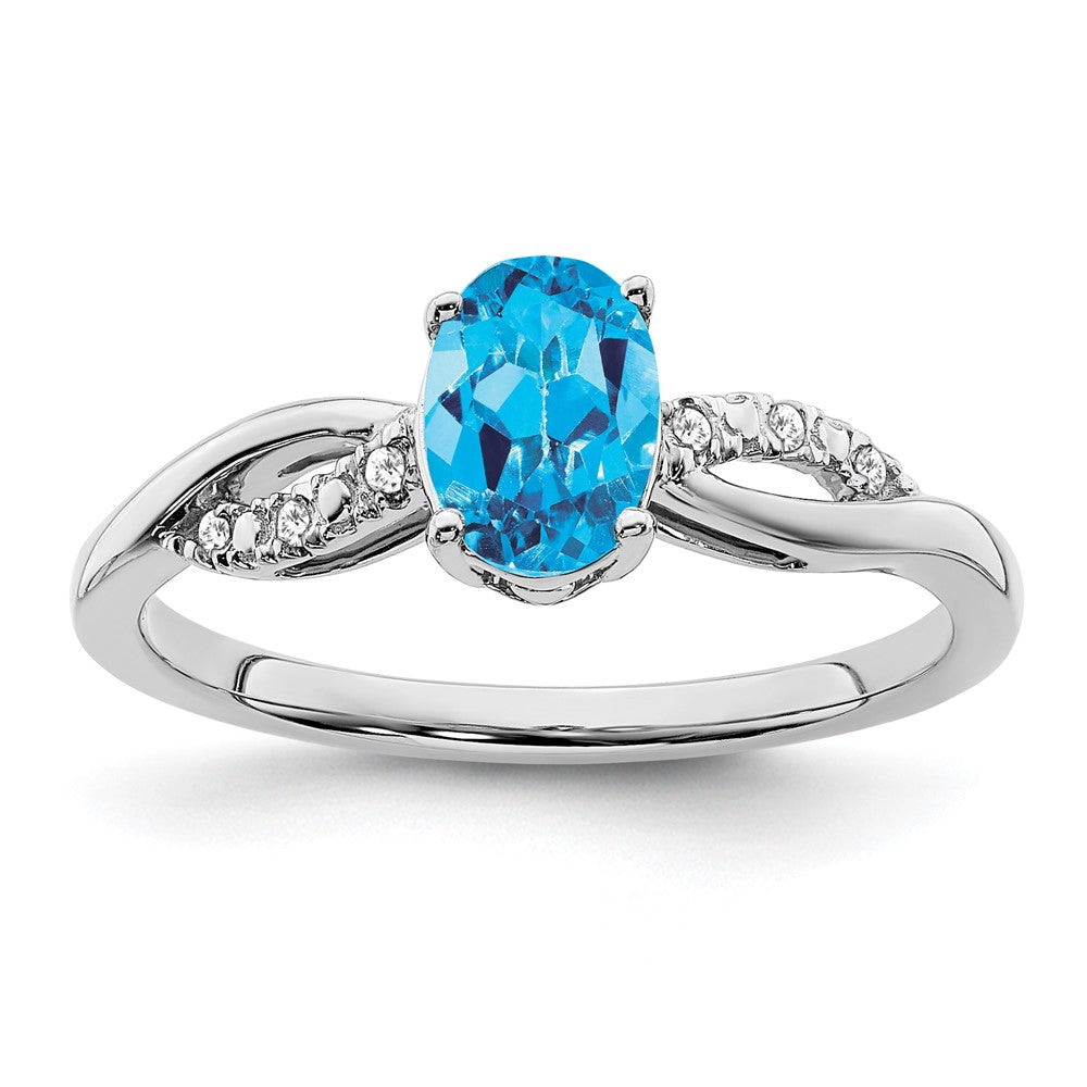 14K Weißgold Ring mit ovalem Blautopas und echten Diamanten