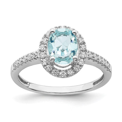 Pure Serenity 14K Weißgold Verlobungsring mit 0,33 ct. Labor-Diamant VS/SI und ovalem Labor-Aquamarin, Halo-Fassung