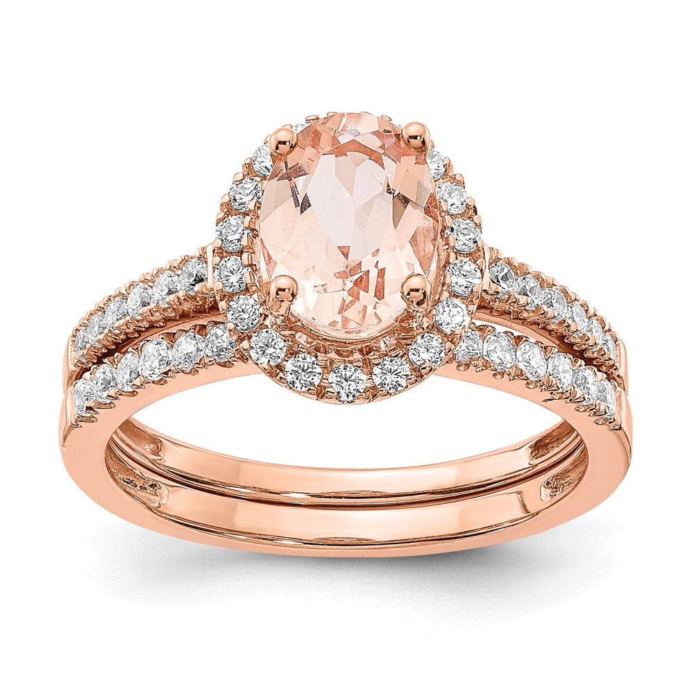 Pure Serenity 14K Roségold Verlobungsring mit 0,33 ct. Laborgezüchtetem Diamant VS/SI+ G+ und ovalem Morganit-Halo