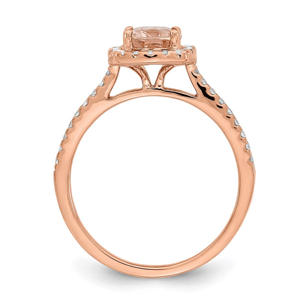 Pure Serenity 14K Roségold Verlobungsring mit Halo, 0,33 ct. Labor-gezüchtetem Diamanten VS/SI+ G+ und länglichem Kissenschliff-Morganit