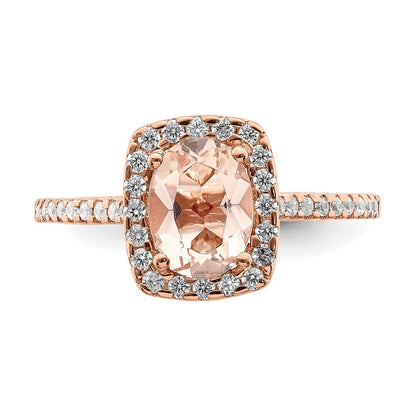 Pure Serenity 14K Roségold Verlobungsring mit Halo, 0,33 ct. Labor-gezüchtetem Diamanten VS/SI+ G+ und länglichem Kissenschliff-Morganit