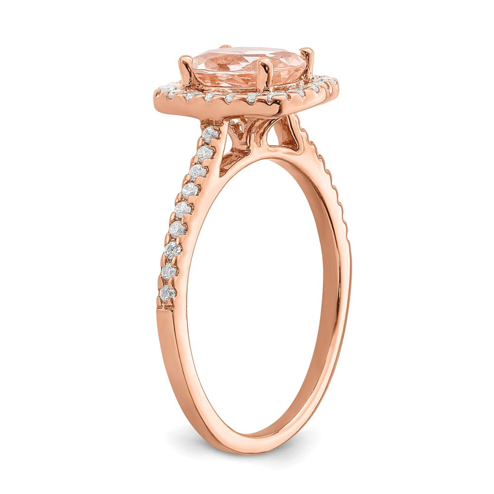 Pure Serenity 14K Roségold Verlobungsring mit Halo, 0,33 ct. Labor-gezüchtetem Diamanten VS/SI+ G+ und länglichem Kissenschliff-Morganit