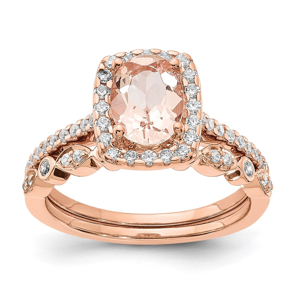 Pure Serenity 14K Roségold Verlobungsring mit Halo, 0,33 ct. Labor-gezüchtetem Diamanten VS/SI+ G+ und länglichem Kissenschliff-Morganit