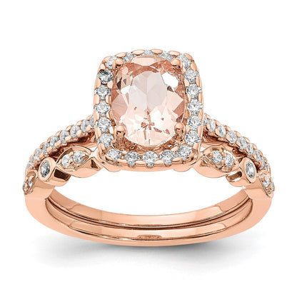Pure Serenity 14K Roségold Verlobungsring mit Halo, 0,33 ct. Labor-gezüchtetem Diamanten VS/SI+ G+ und länglichem Kissenschliff-Morganit
