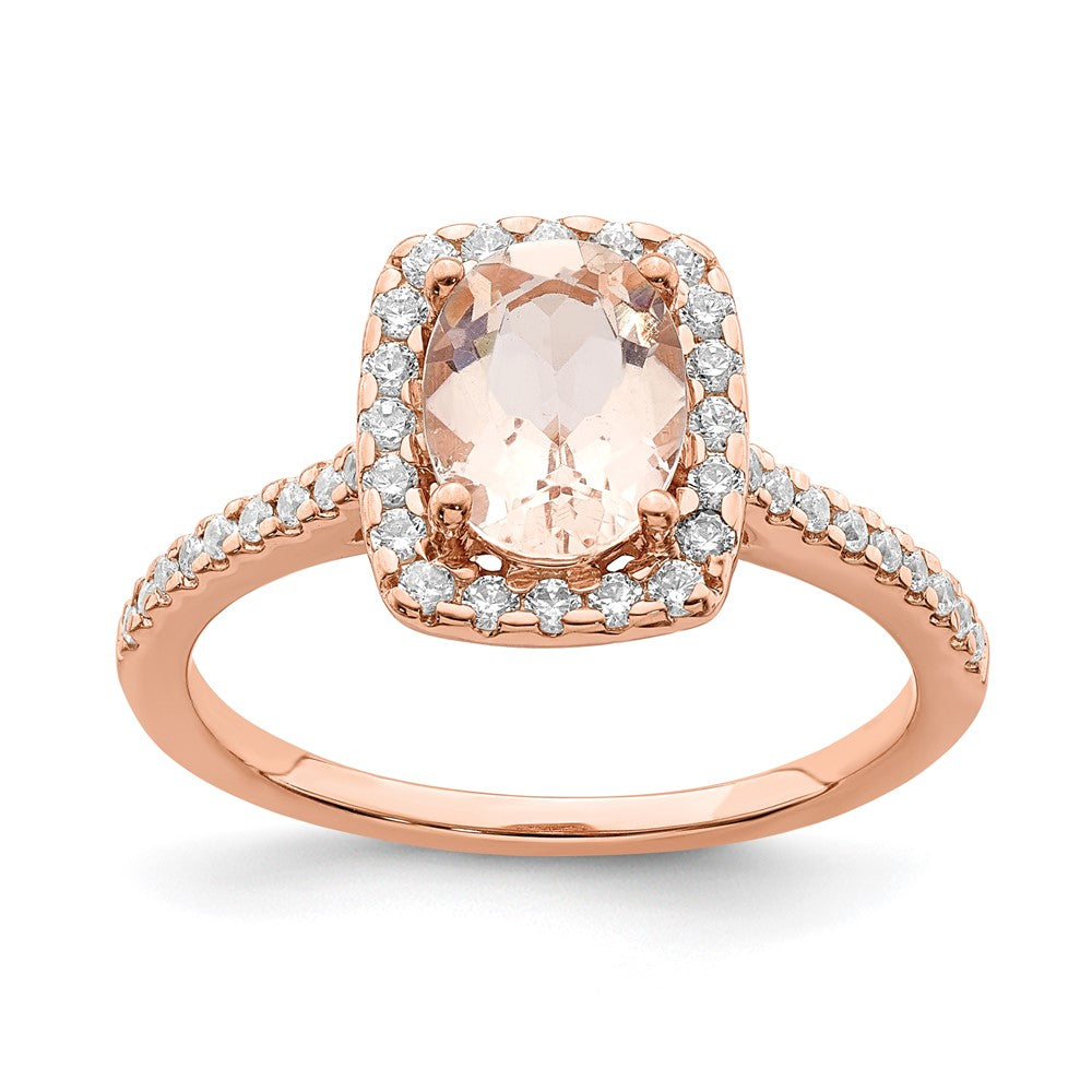 Pure Serenity 14K Roségold Verlobungsring mit Halo, 0,33 ct. Labor-gezüchtetem Diamanten VS/SI+ G+ und länglichem Kissenschliff-Morganit
