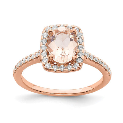 Pure Serenity 14K Roségold Verlobungsring mit Halo, 0,33 ct. Labor-gezüchtetem Diamanten VS/SI+ G+ und länglichem Kissenschliff-Morganit