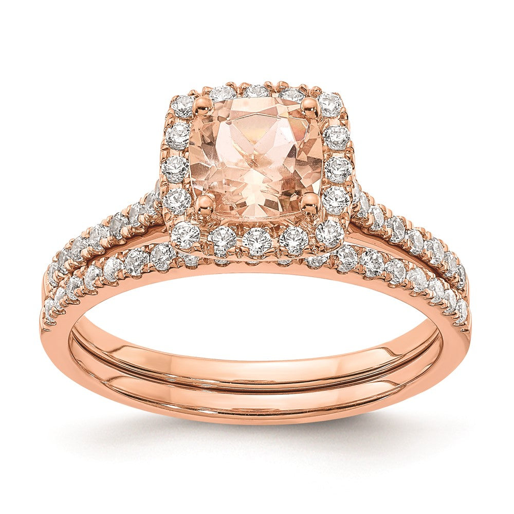 Verlobungsring mit Halo aus 14K Roségold mit Morganit und echten Diamanten