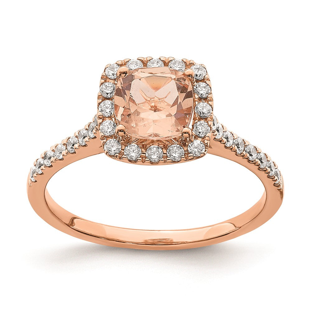 Verlobungsring mit Halo aus 14K Roségold mit Morganit und echten Diamanten