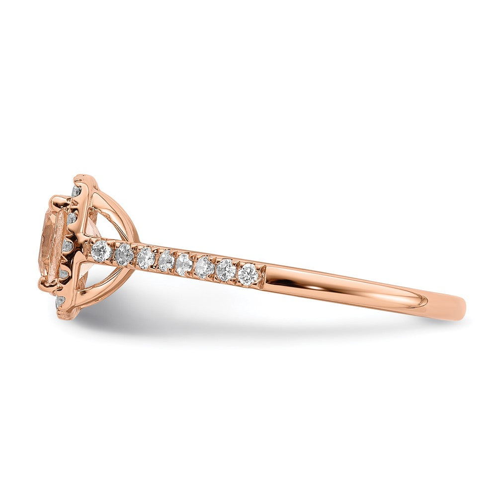 Pure Serenity 14K Roségold Verlobungsring mit 0,25 ct. Laborgezüchtetem Diamant VS/SI+ G+ und Kissenschliff-Morganit-Halo