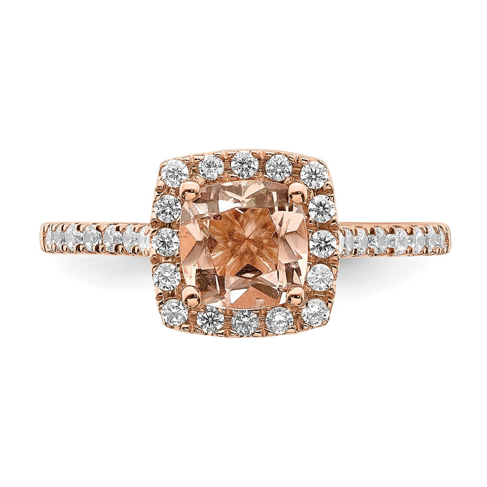 Pure Serenity 14K Roségold Verlobungsring mit 0,25 ct. Laborgezüchtetem Diamant VS/SI+ G+ und Kissenschliff-Morganit-Halo
