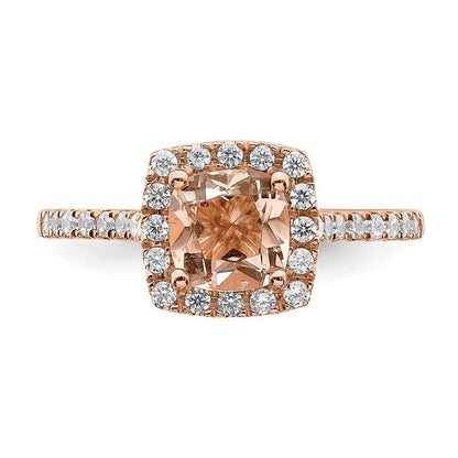 Pure Serenity 14K Roségold Verlobungsring mit 0,25 ct. Laborgezüchtetem Diamant VS/SI+ G+ und Kissenschliff-Morganit-Halo