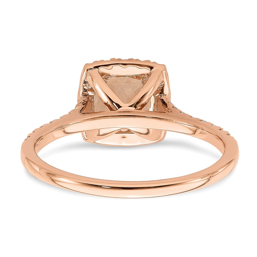 Pure Serenity 14K Roségold Verlobungsring mit 0,25 ct. Laborgezüchtetem Diamant VS/SI+ G+ und Kissenschliff-Morganit-Halo