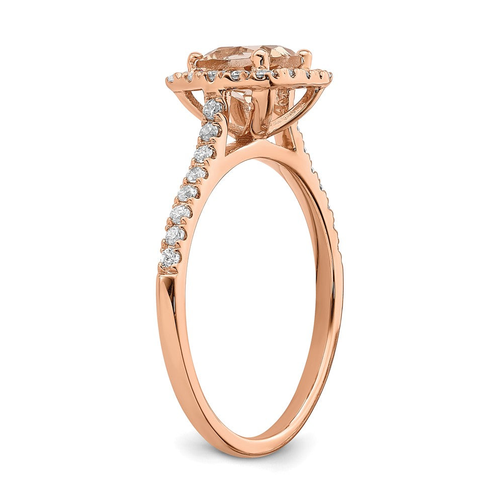 Pure Serenity 14K Roségold Verlobungsring mit 0,25 ct. Laborgezüchtetem Diamant VS/SI+ G+ und Kissenschliff-Morganit-Halo