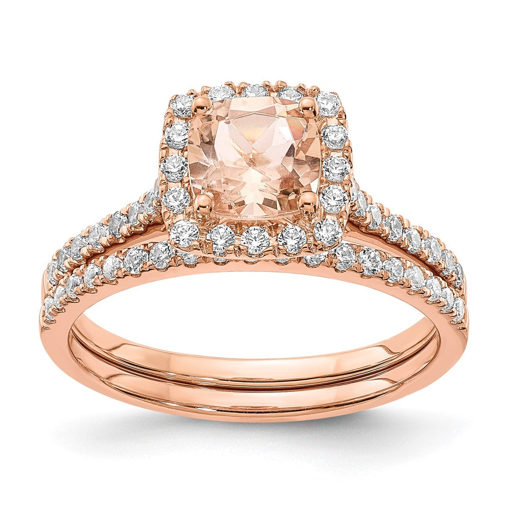 Pure Serenity 14K Roségold Verlobungsring mit 0,25 ct. Laborgezüchtetem Diamant VS/SI+ G+ und Kissenschliff-Morganit-Halo