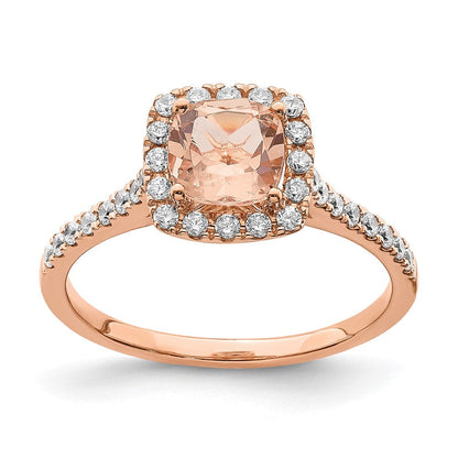 Pure Serenity 14K Roségold Verlobungsring mit 0,25 ct. Laborgezüchtetem Diamant VS/SI+ G+ und Kissenschliff-Morganit-Halo
