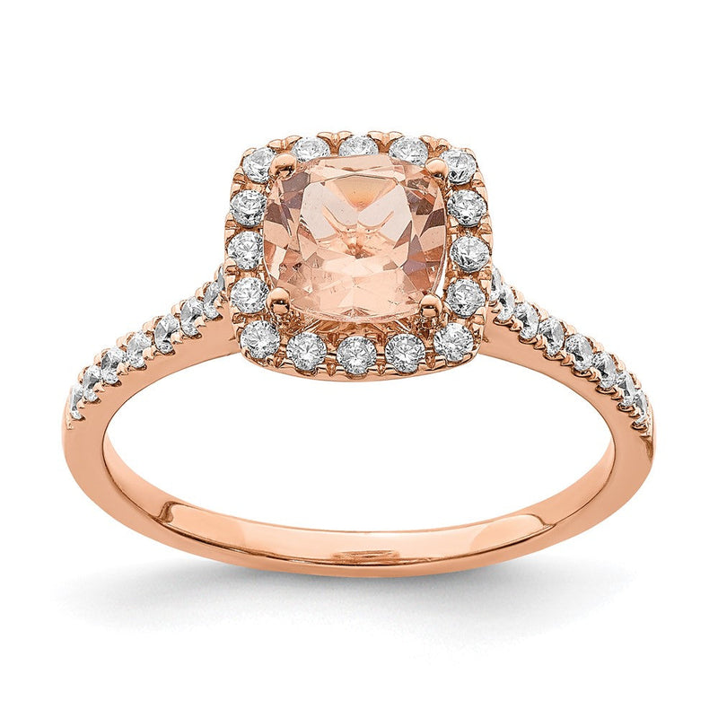 Pure Serenity 14K Roségold Verlobungsring mit 0,25 ct. Laborgezüchtetem Diamant VS/SI+ G+ und Kissenschliff-Morganit-Halo