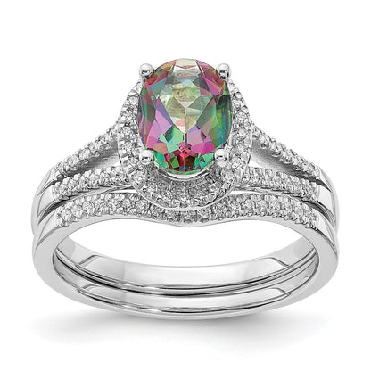 14K Weißgold Mystic-Fire-Verlobungsring mit echten Diamanten und Halo-Fassung