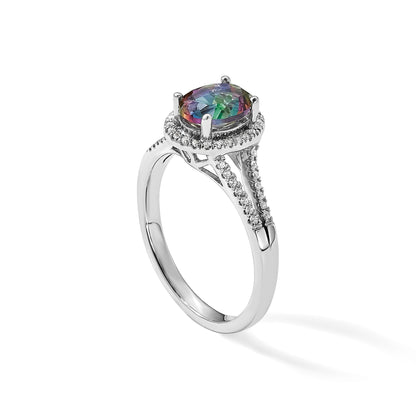14K Weißgold Mystic-Fire-Verlobungsring mit echten Diamanten und Halo-Fassung