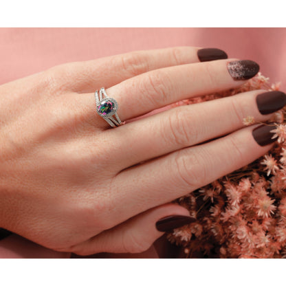 14K Weißgold Mystic-Fire-Verlobungsring mit echten Diamanten und Halo-Fassung