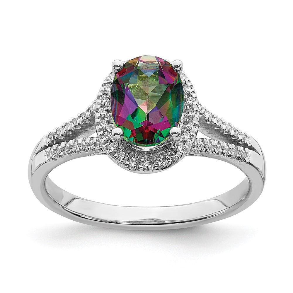 14K Weißgold Mystic-Fire-Verlobungsring mit echten Diamanten und Halo-Fassung