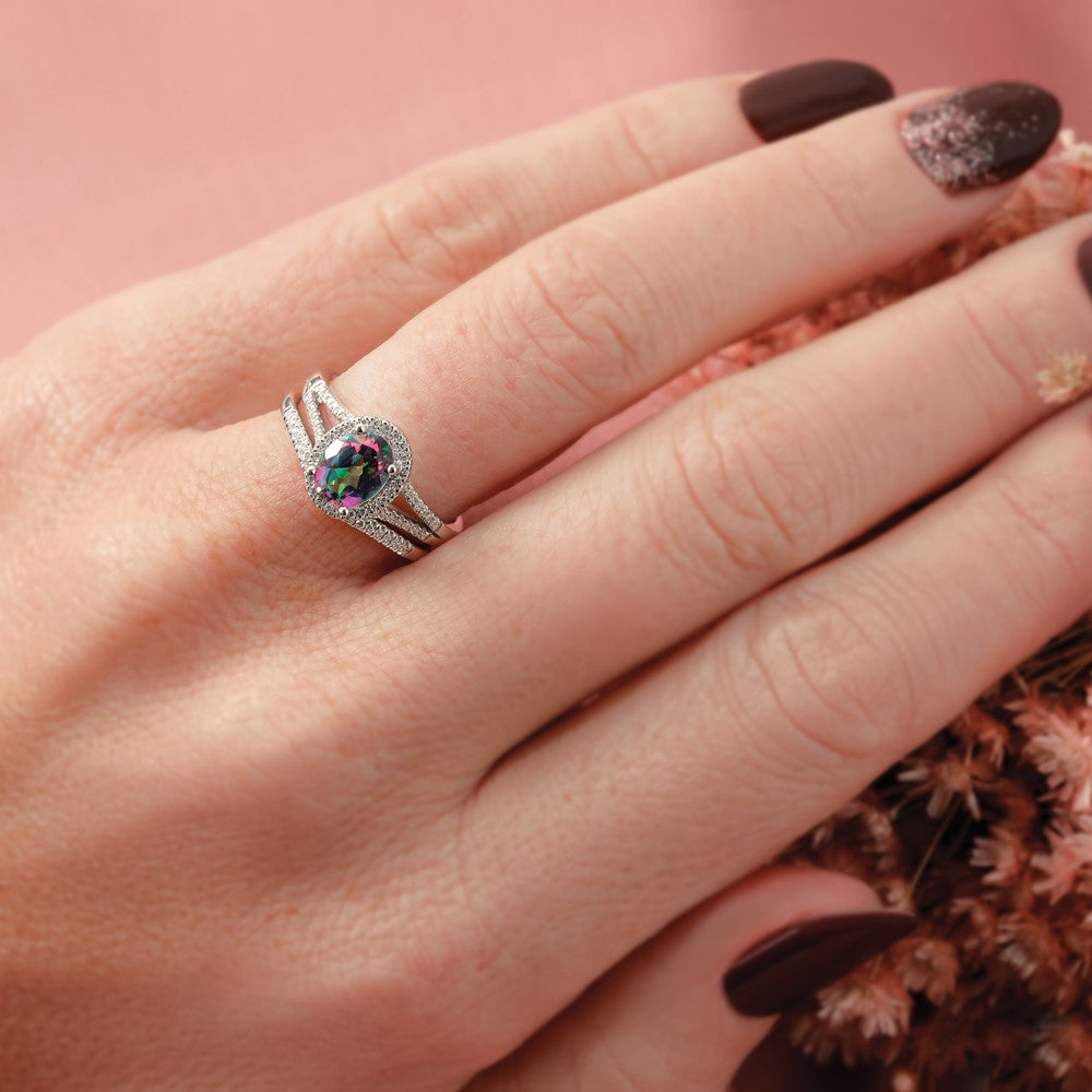 14K Weißgold Mystic-Fire-Verlobungsring mit echten Diamanten und Halo-Fassung