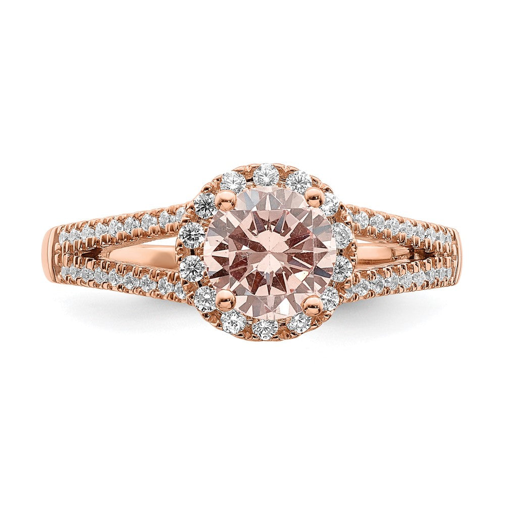 Pure Serenity 14K Roségold Verlobungsring mit 0,25 ct. Diamant aus dem Labor VS/SI+ G+ und rundem Morganit-Halo