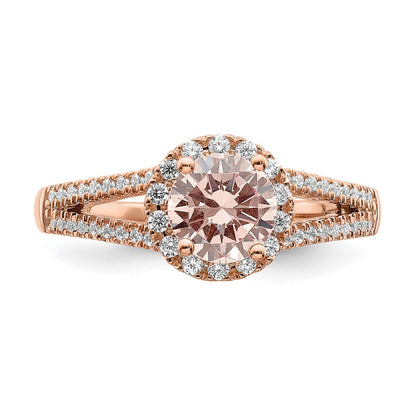 Pure Serenity 14K Roségold Verlobungsring mit 0,25 ct. Diamant aus dem Labor VS/SI+ G+ und rundem Morganit-Halo