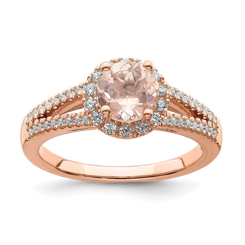 Pure Serenity 14K Roségold Verlobungsring mit 0,25 ct. Diamant aus dem Labor VS/SI+ G+ und rundem Morganit-Halo