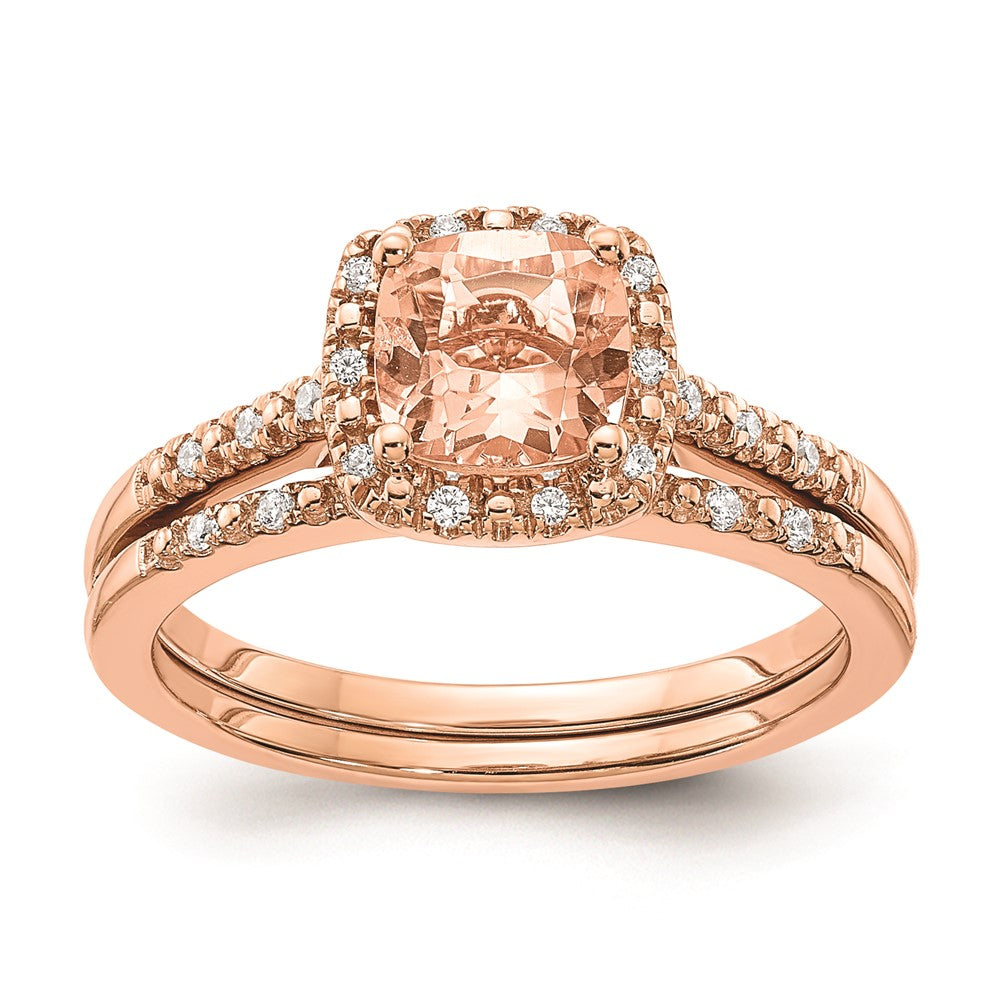 14K Roségold-Verlobungsring mit Morganit, echten Diamanten und Halo-Fassung