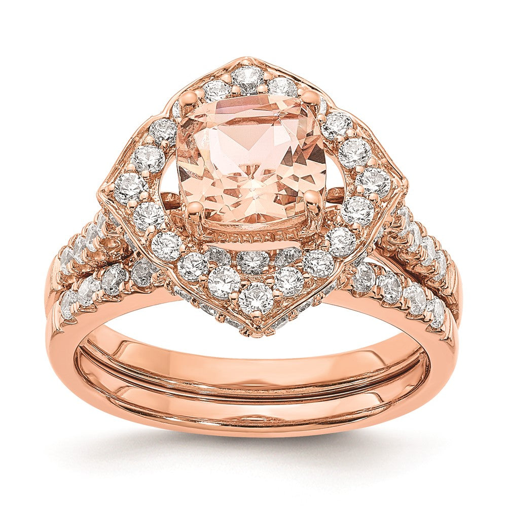 14K Roségold Morganit Verlobungsring mit echten Diamanten und Halo-Fassung