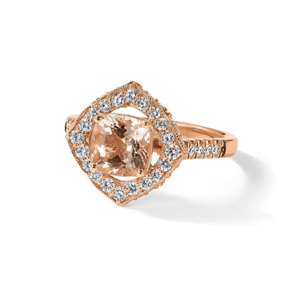 14K Roségold Morganit Verlobungsring mit echten Diamanten und Halo-Fassung