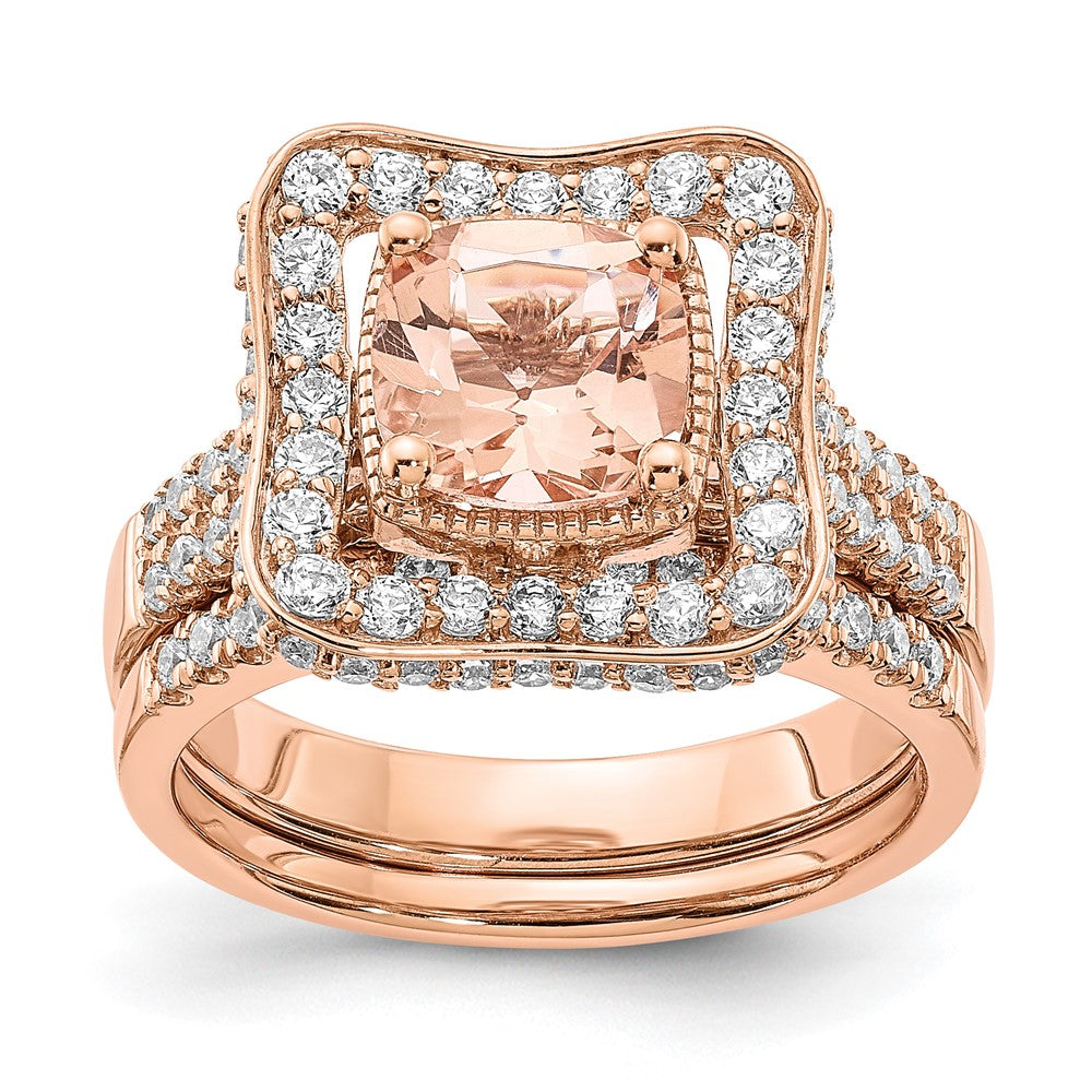 14K Roségold Morganit-Verlobungsring mit echten Diamanten und Halo-Fassung