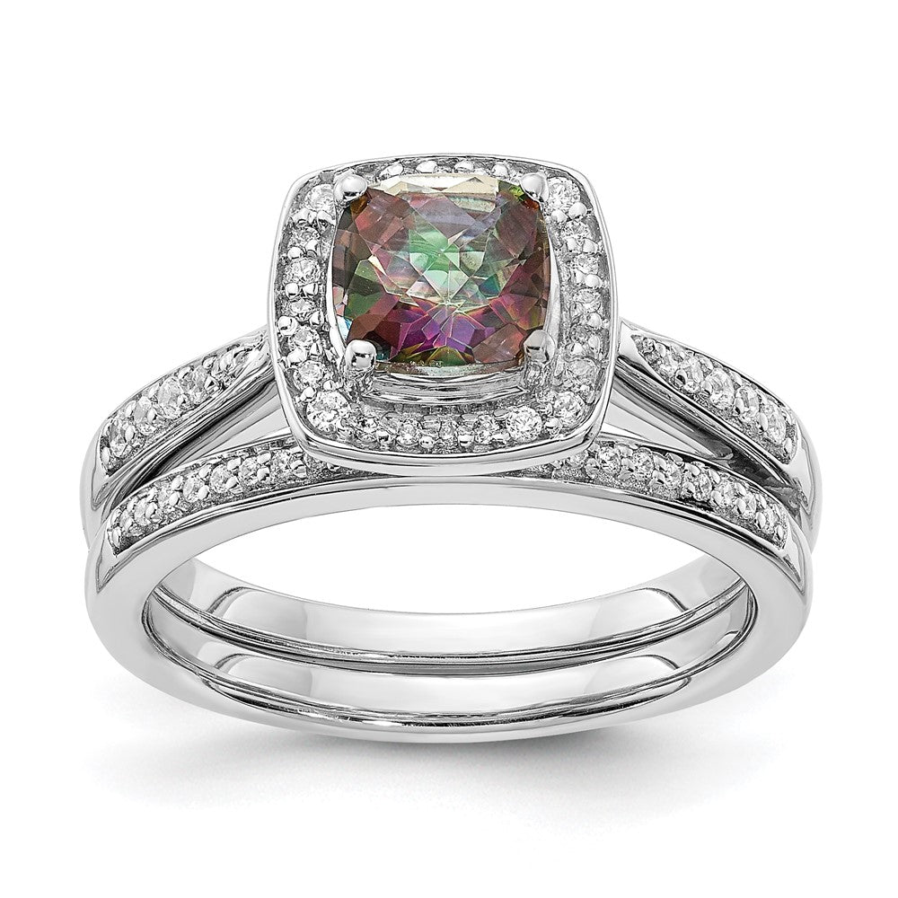 14K Weißgold Verlobungsring mit Diamant-Halo und Mystic-Fire-Diamant