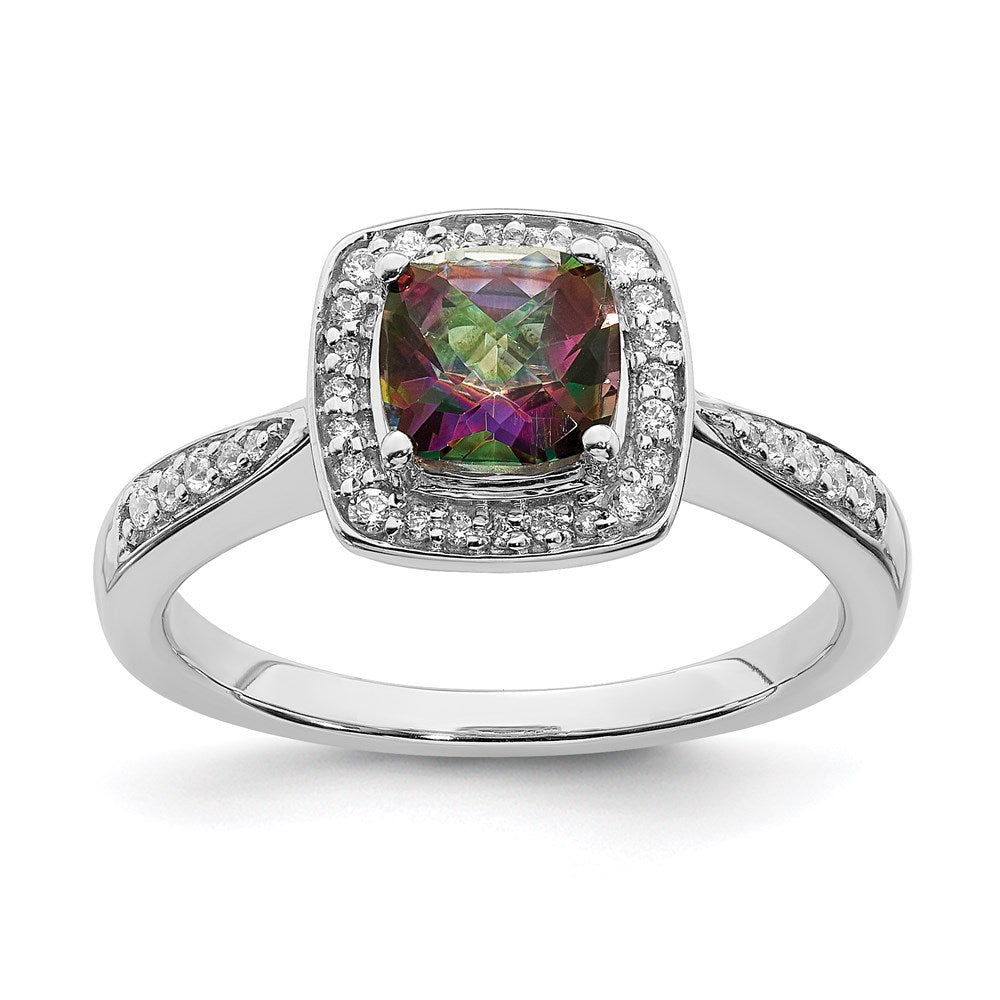 14K Weißgold Verlobungsring mit Diamant-Halo und Mystic-Fire-Diamant