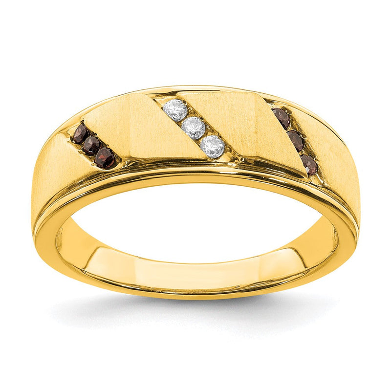 14K Gelbgold Herren-Trauring mit braunen und weißen echten Diamanten