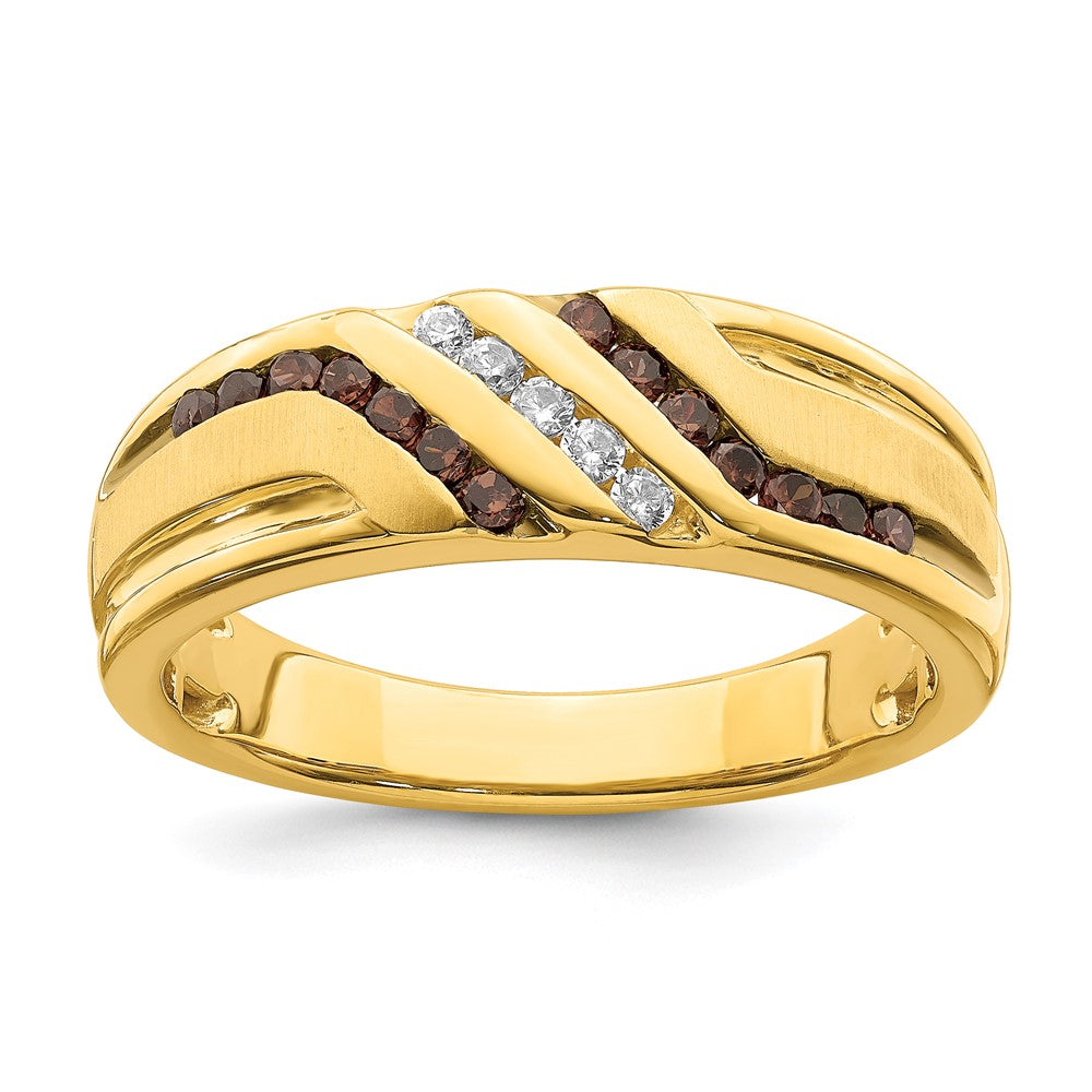14K Gelbgold Herren-Trauring mit braunen und weißen echten Diamanten