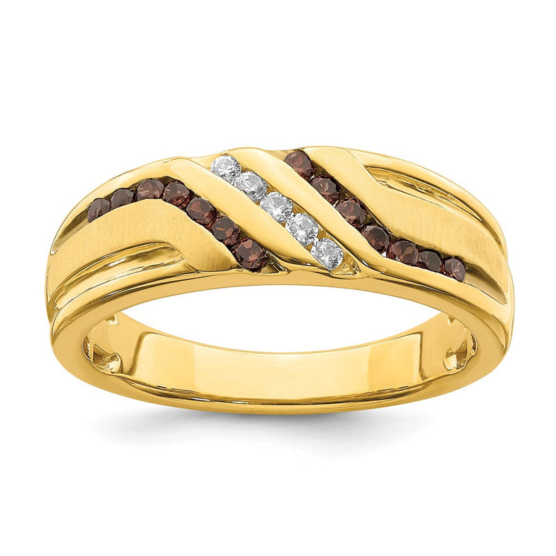 14K Gelbgold Herren-Trauring mit braunen und weißen echten Diamanten