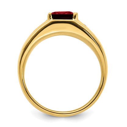 14K Gelbgold Herrenring mit Rubin im Smaragdschliff (synthetisch) und echten Diamanten, poliert