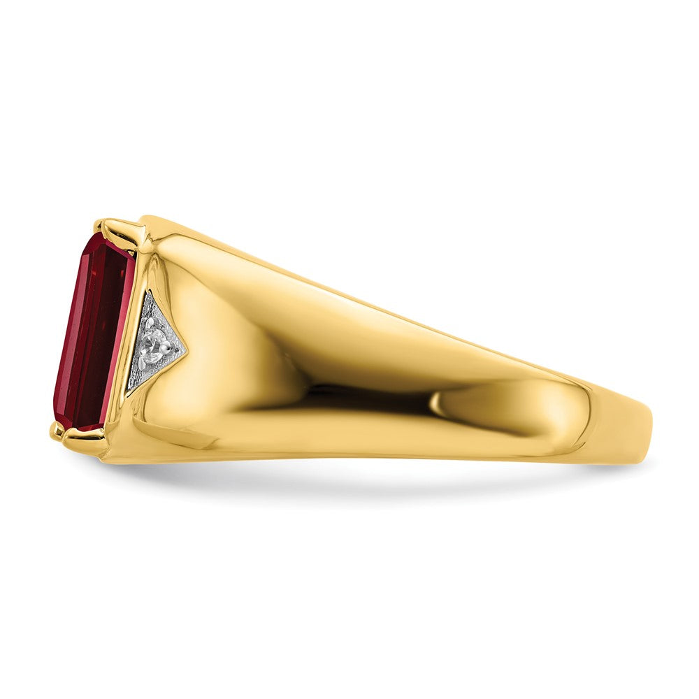 14K Gelbgold Herrenring mit Rubin im Smaragdschliff (synthetisch) und echten Diamanten, poliert