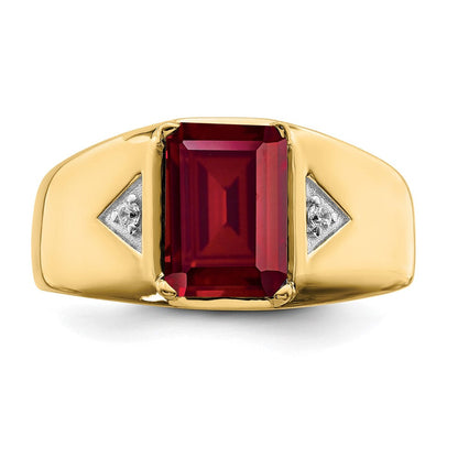 14K Gelbgold Herrenring mit Rubin im Smaragdschliff (synthetisch) und echten Diamanten, poliert