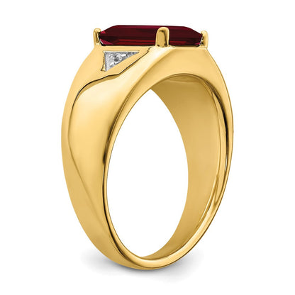 14K Gelbgold Herrenring mit Rubin im Smaragdschliff (synthetisch) und echten Diamanten, poliert