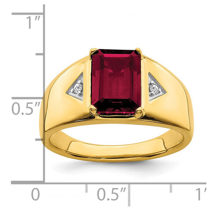 14K Gelbgold Herrenring mit Rubin im Smaragdschliff (synthetisch) und echten Diamanten, poliert
