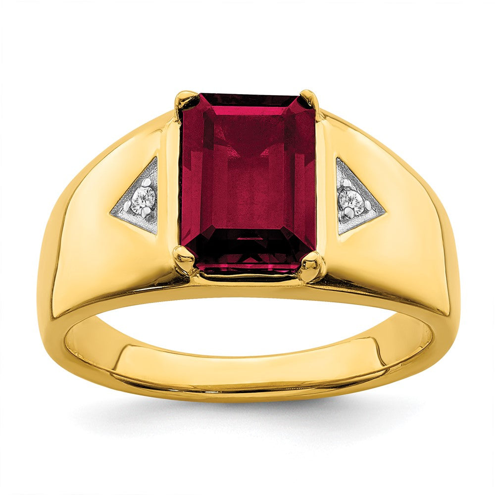 14K Gelbgold Herrenring mit Rubin im Smaragdschliff (synthetisch) und echten Diamanten, poliert