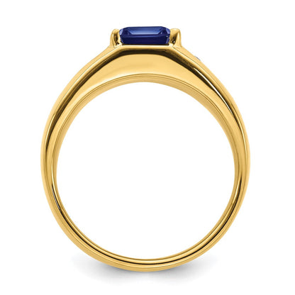 14K Gelbgold Ring mit smaragdgeschliffenem synthetischem Saphir und echtem Diamant, poliert, für Herren