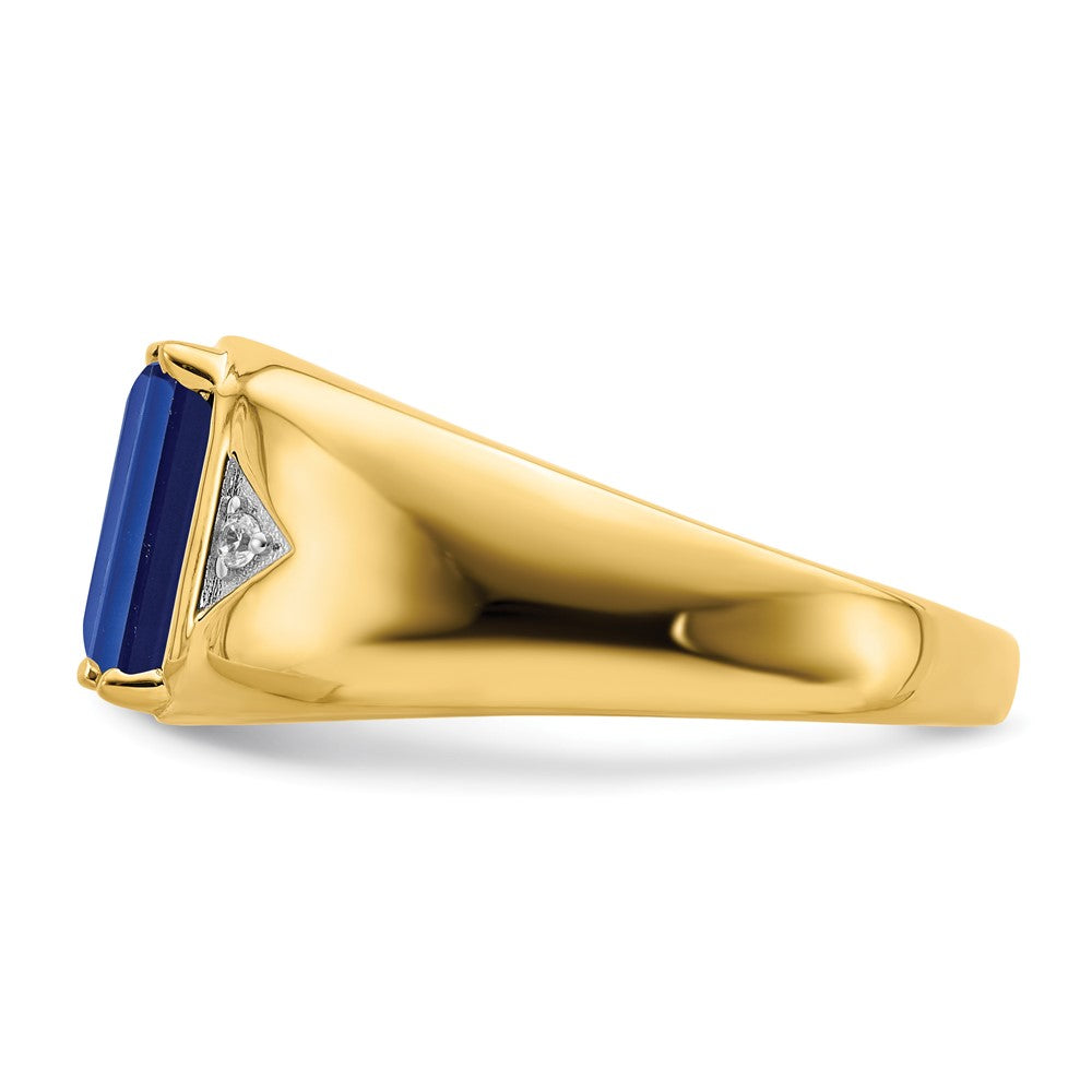 14K Gelbgold Ring mit smaragdgeschliffenem synthetischem Saphir und echtem Diamant, poliert, für Herren