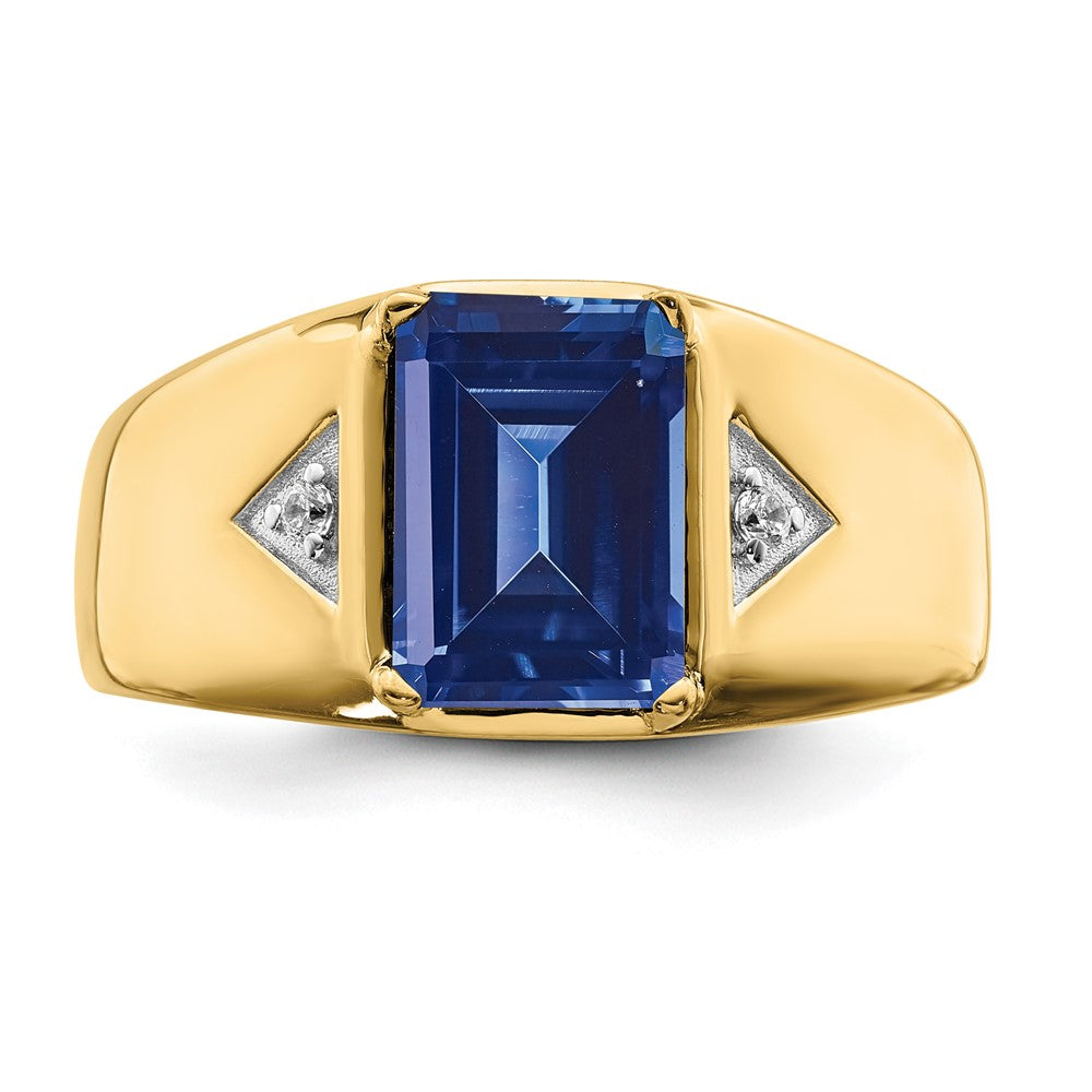 14K Gelbgold Ring mit smaragdgeschliffenem synthetischem Saphir und echtem Diamant, poliert, für Herren