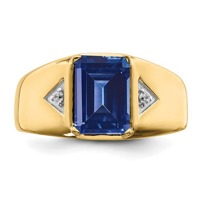 14K Gelbgold Ring mit smaragdgeschliffenem synthetischem Saphir und echtem Diamant, poliert, für Herren