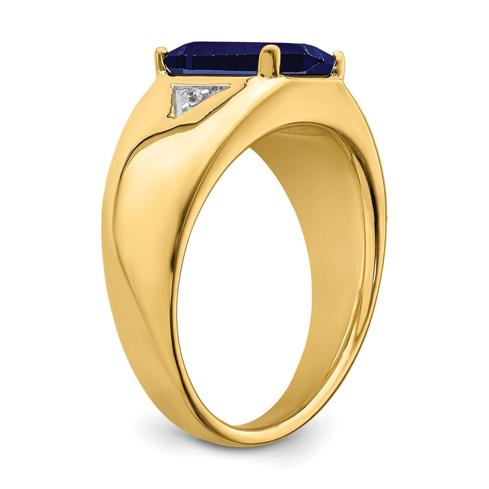 14K Gelbgold Ring mit smaragdgeschliffenem synthetischem Saphir und echtem Diamant, poliert, für Herren