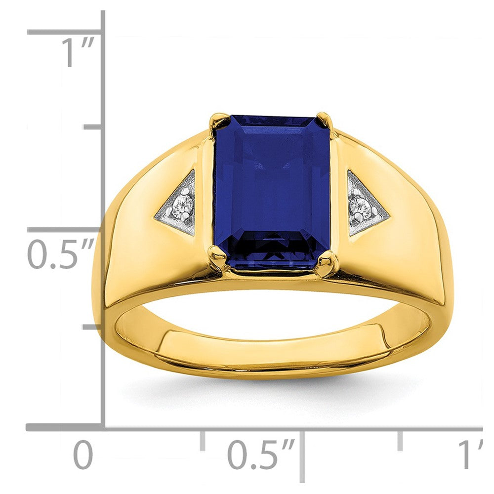 14K Gelbgold Ring mit smaragdgeschliffenem synthetischem Saphir und echtem Diamant, poliert, für Herren