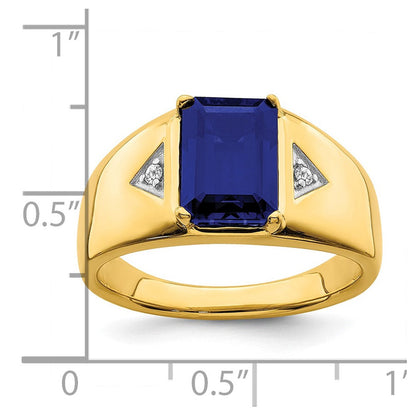 14K Gelbgold Ring mit smaragdgeschliffenem synthetischem Saphir und echtem Diamant, poliert, für Herren